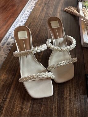 Dolce Vita Cream Pearl-Embellished Slide Heels